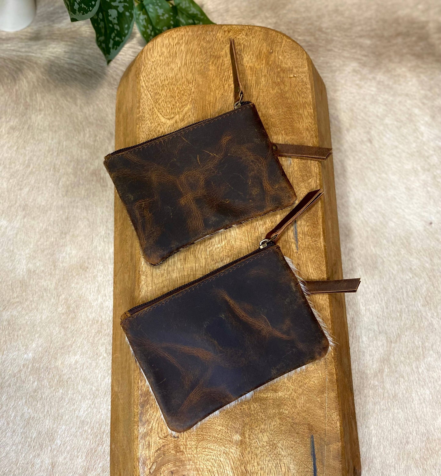 Vintage Leather Cowhide Double Zip Coin Pouch