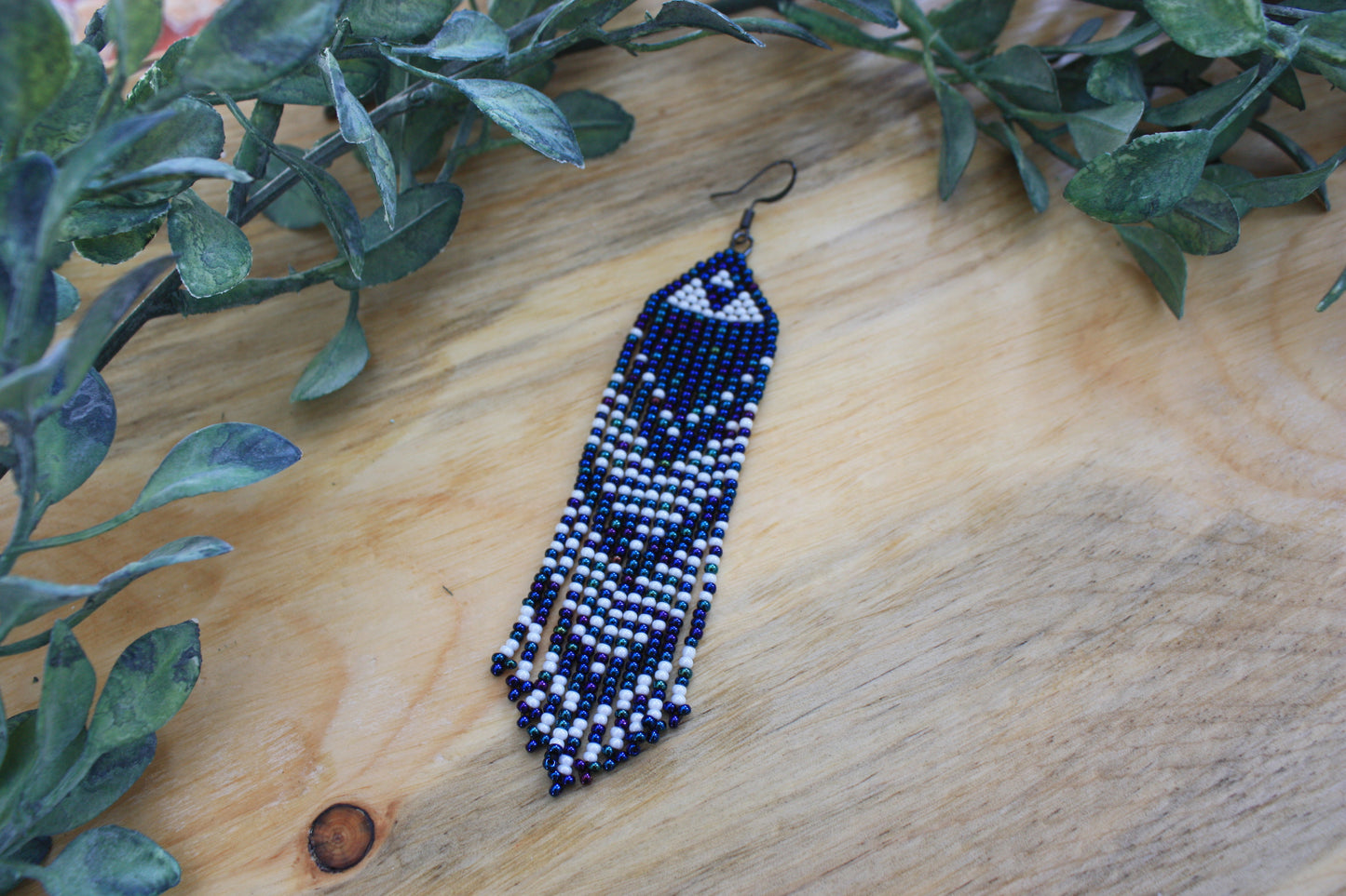 Irridescent Blue & White Beaded Earrings w/Triangular Base Accents (3 Diamonds)