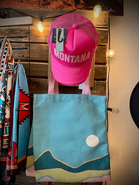 “Mountain Sun” Canvas Tote - Teal/Pink