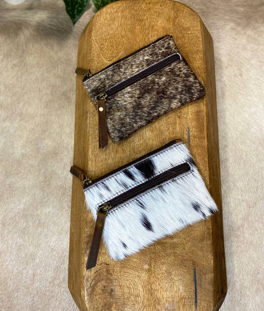Vintage Leather Cowhide Double Zip Coin Pouch