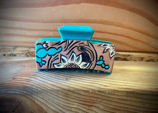 Sunflower/Cactus Hand-Tooled Leather Hair Claw Clip- 3”