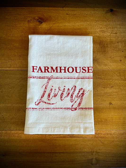 Red “Farmhouse Living” Muslin Unbleached Natural Tea Towel