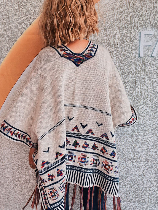 Aztec Poncho-Style Fringe Open Front Cardigan