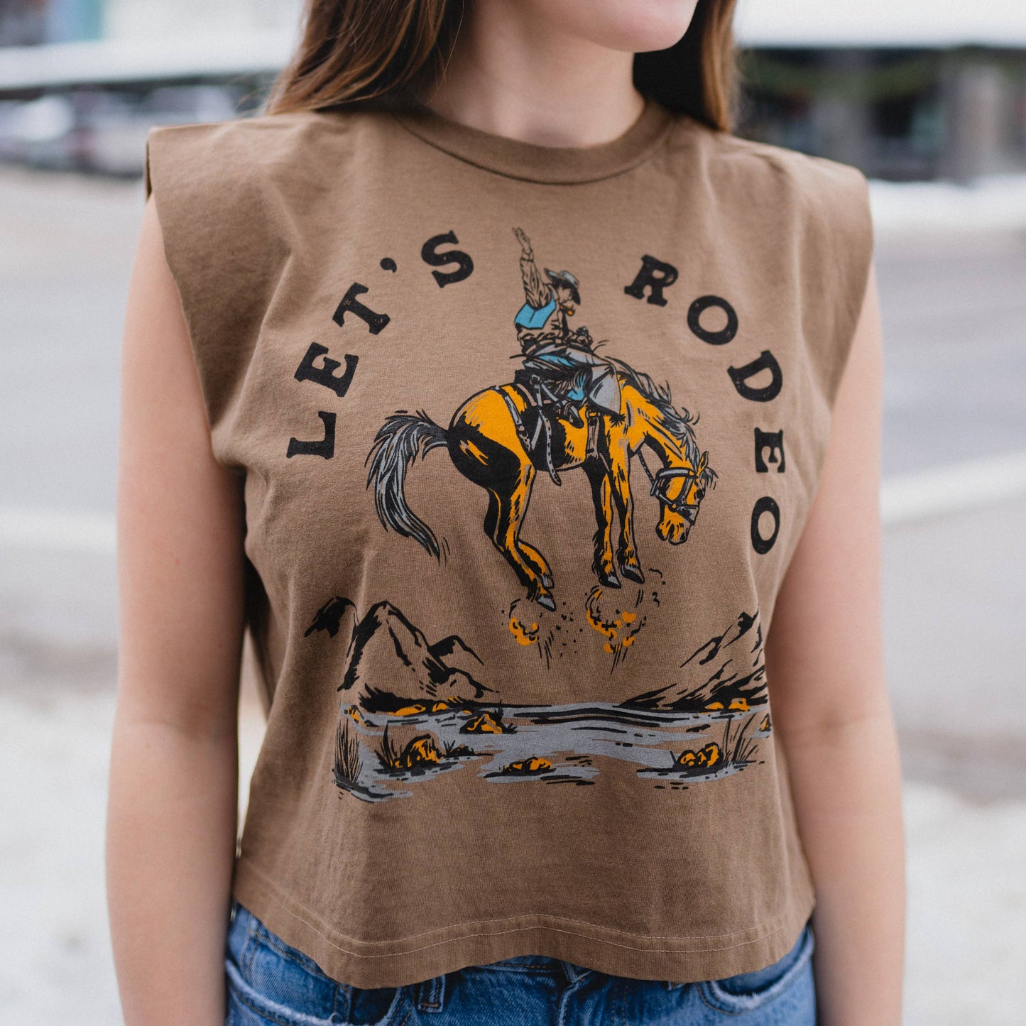 Let's Rodeo Ladies Muscle Tee - Faded Brown