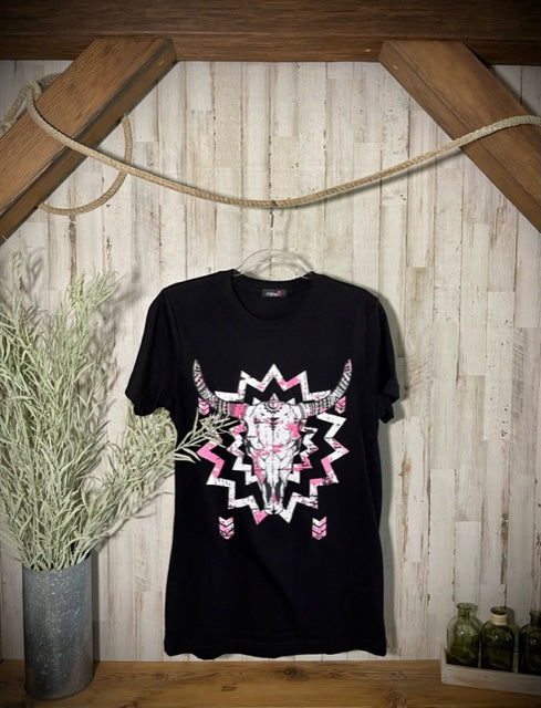 Camiseta hasta la túnica con estampado de calavera de búfalo (rosa/blanco) en negro