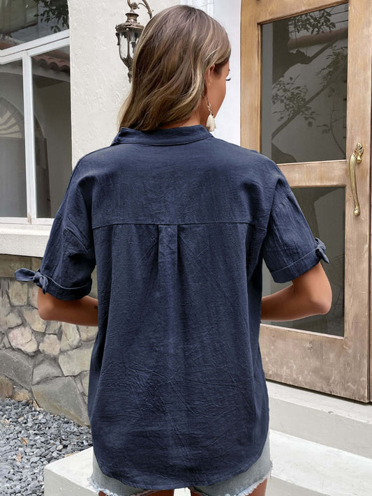 Buttoned Notched Neck Cuffed Sleeve Blouse (3 Colors Available)