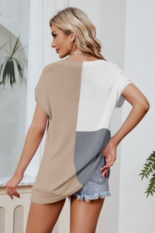 Color Block V-Neck Knit Top (3 Color Options Available)